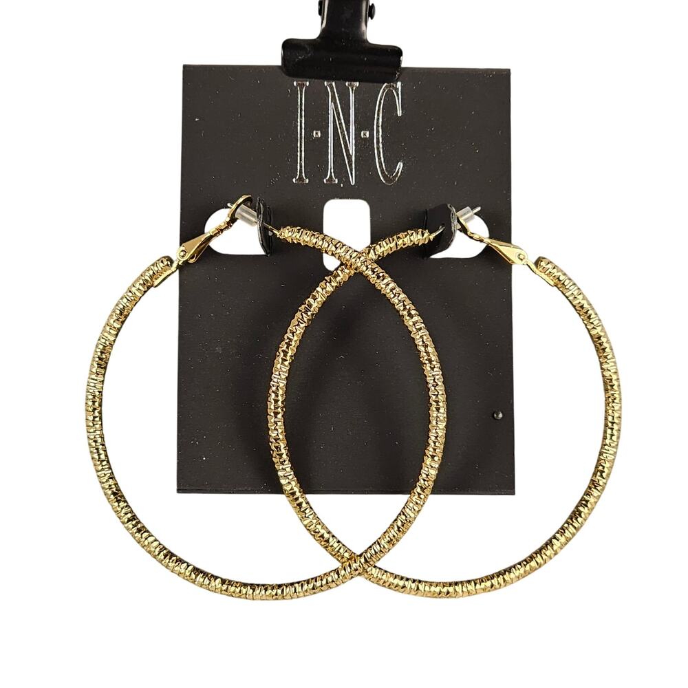 Textured Large Hoop Earrings 2.5” Fashion Jewelry Streetwear INC Gold Tone
